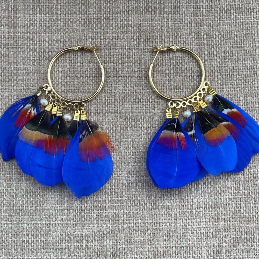 Women Earrings Blue Faux Feather Gold Tone Ear Jewelry New